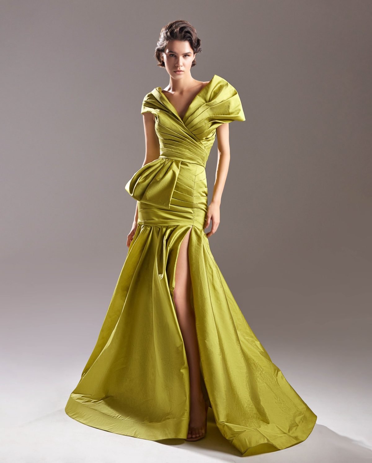 Exaggerated Draped Lime Taffeta Dress