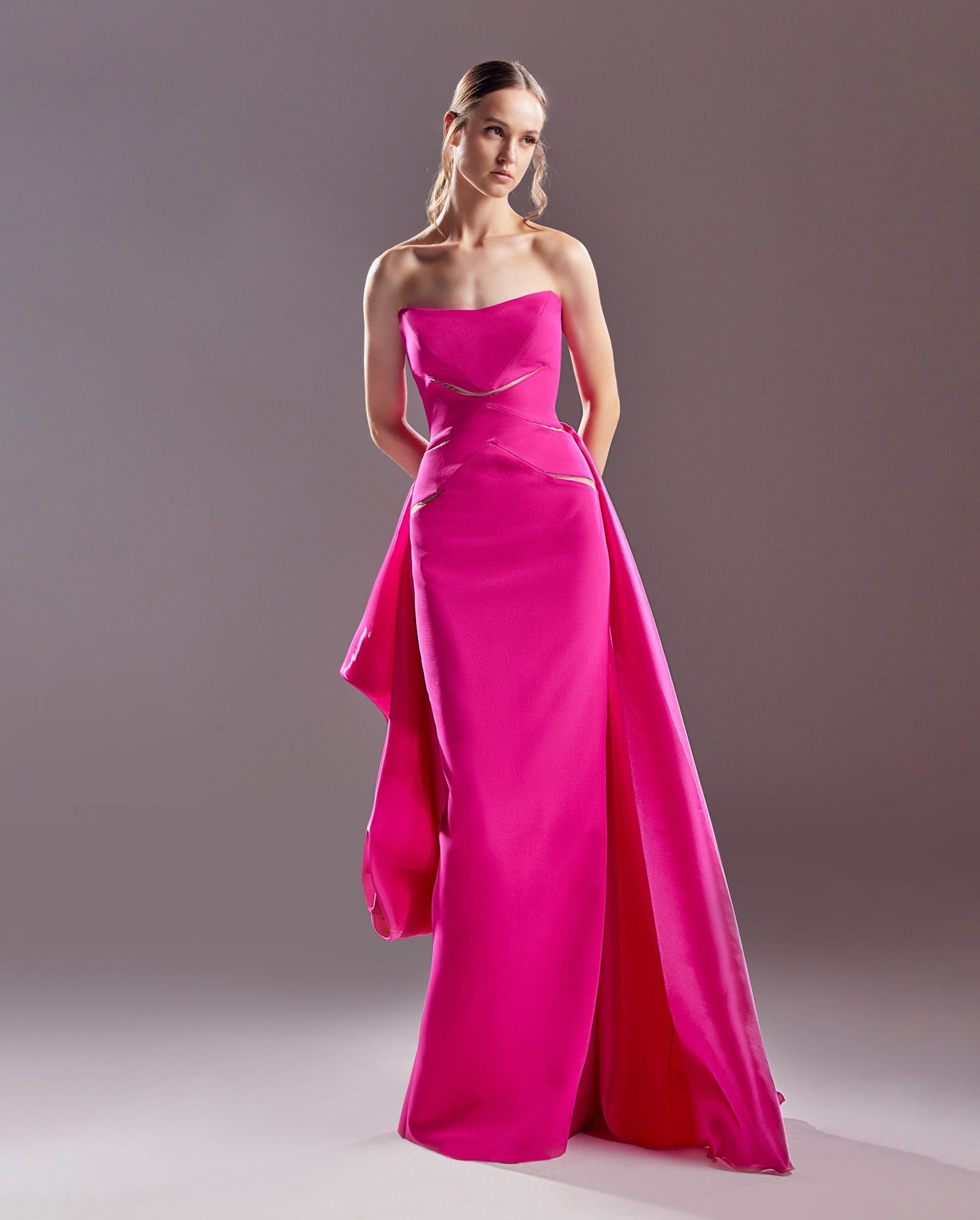 Strapless See Through Cutouts Fuscia Dress