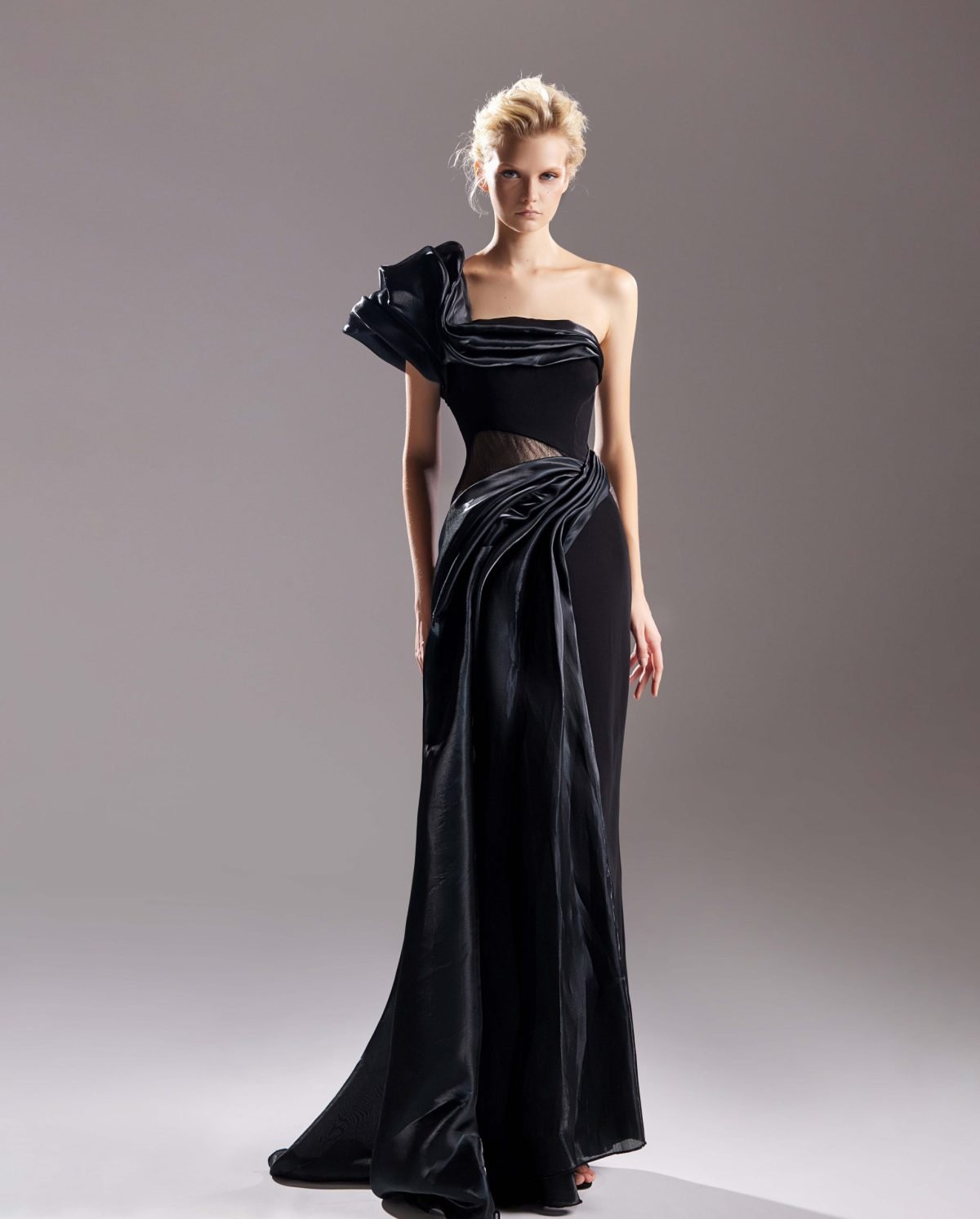 Dentelle Cut Outs with Organdie Drapery Black Dress