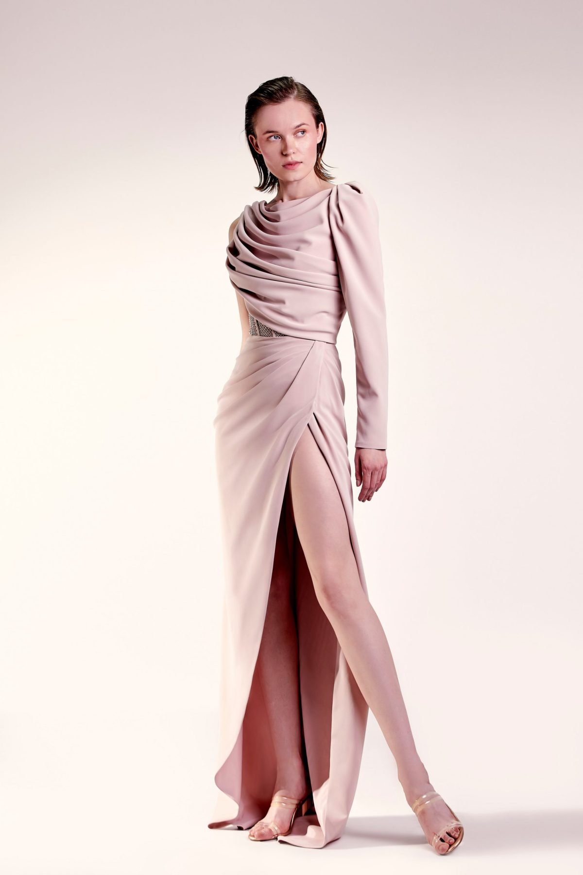 One Sleeve Draped Nude Dress