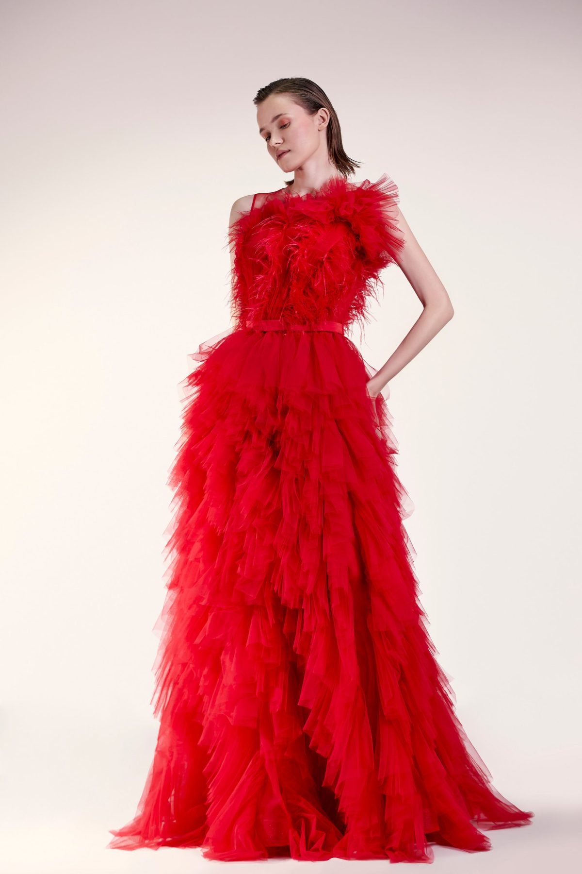 Ruched and Feathered Red Dress