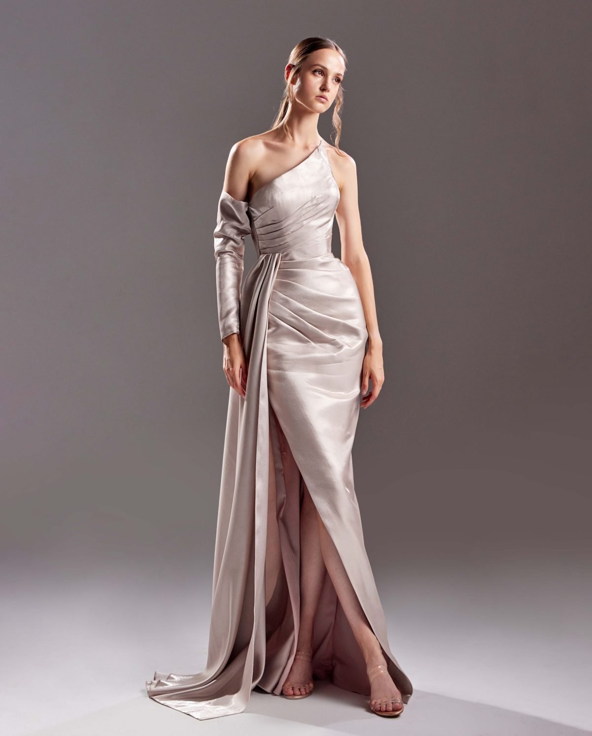 One Sleeve Gold Nude Dress