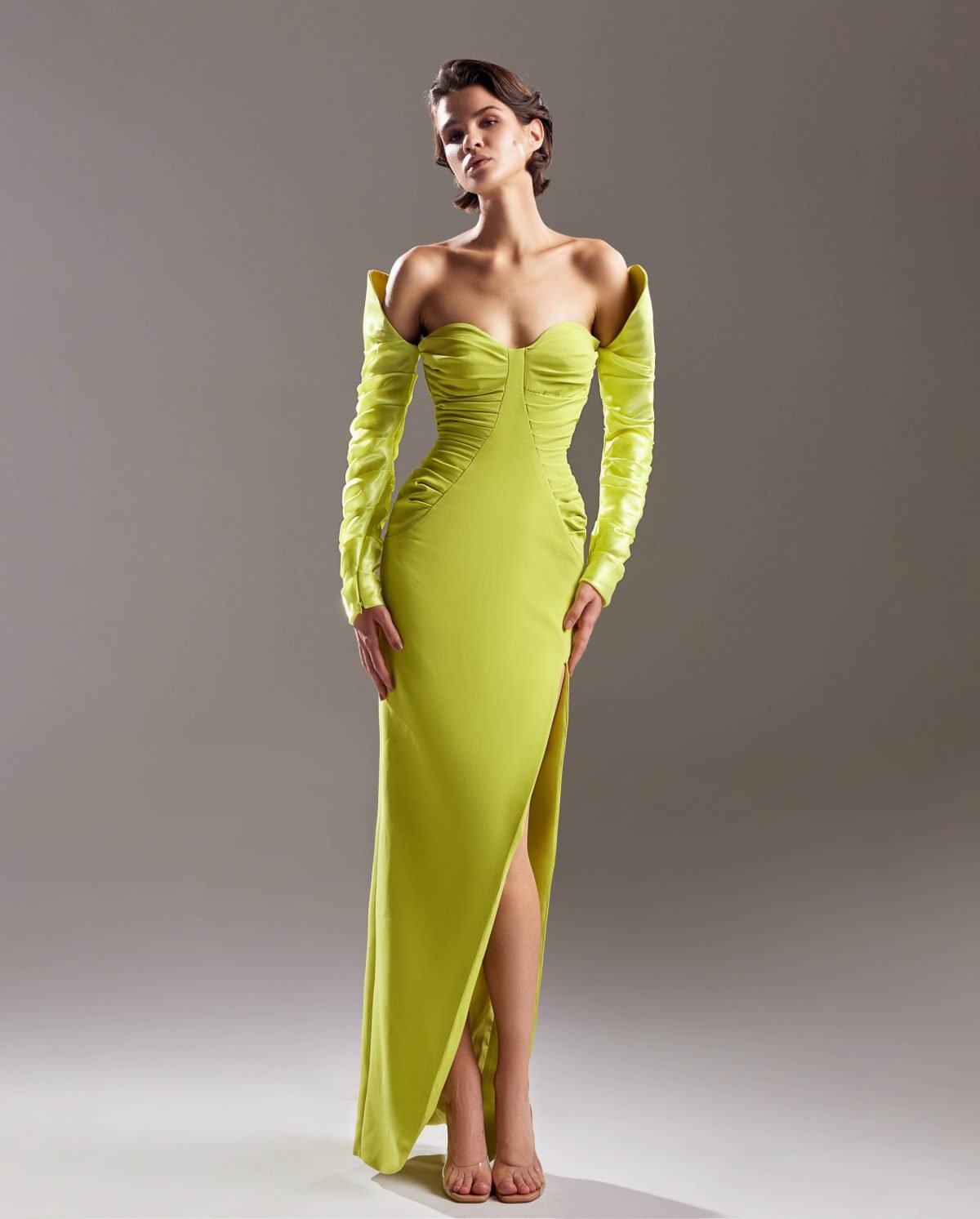 Draped Crepe Lime Dress with Organdie Sleeves