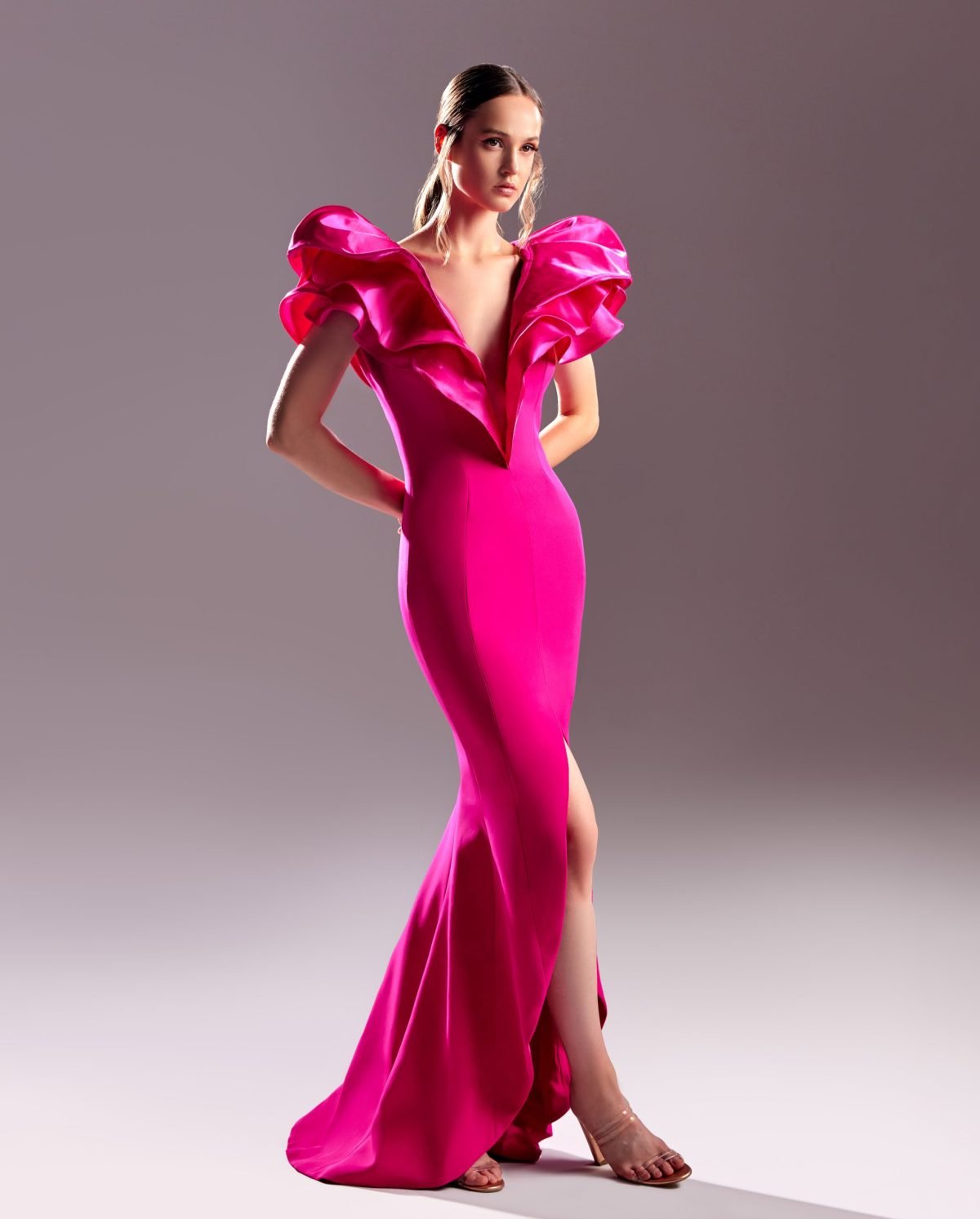 Blooming Shoulders Deep V Fuscia Dress