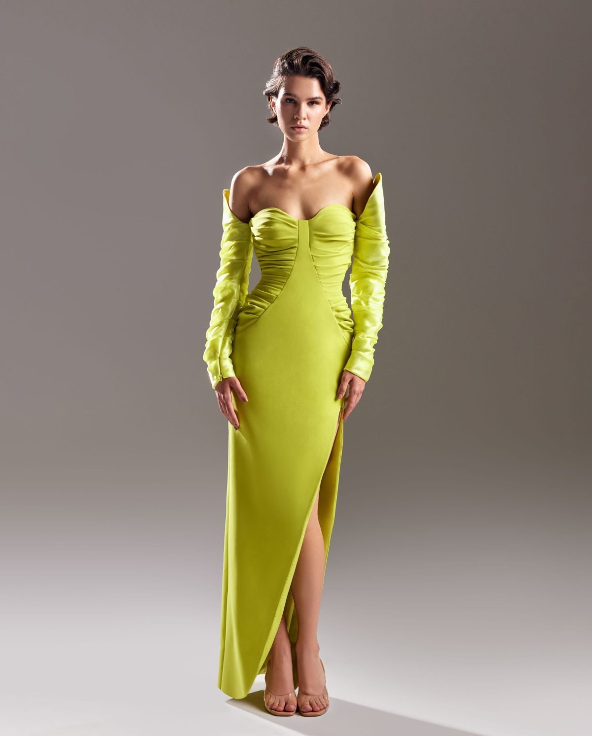 Draped Crepe Lime Dress with Organdie Sleeves