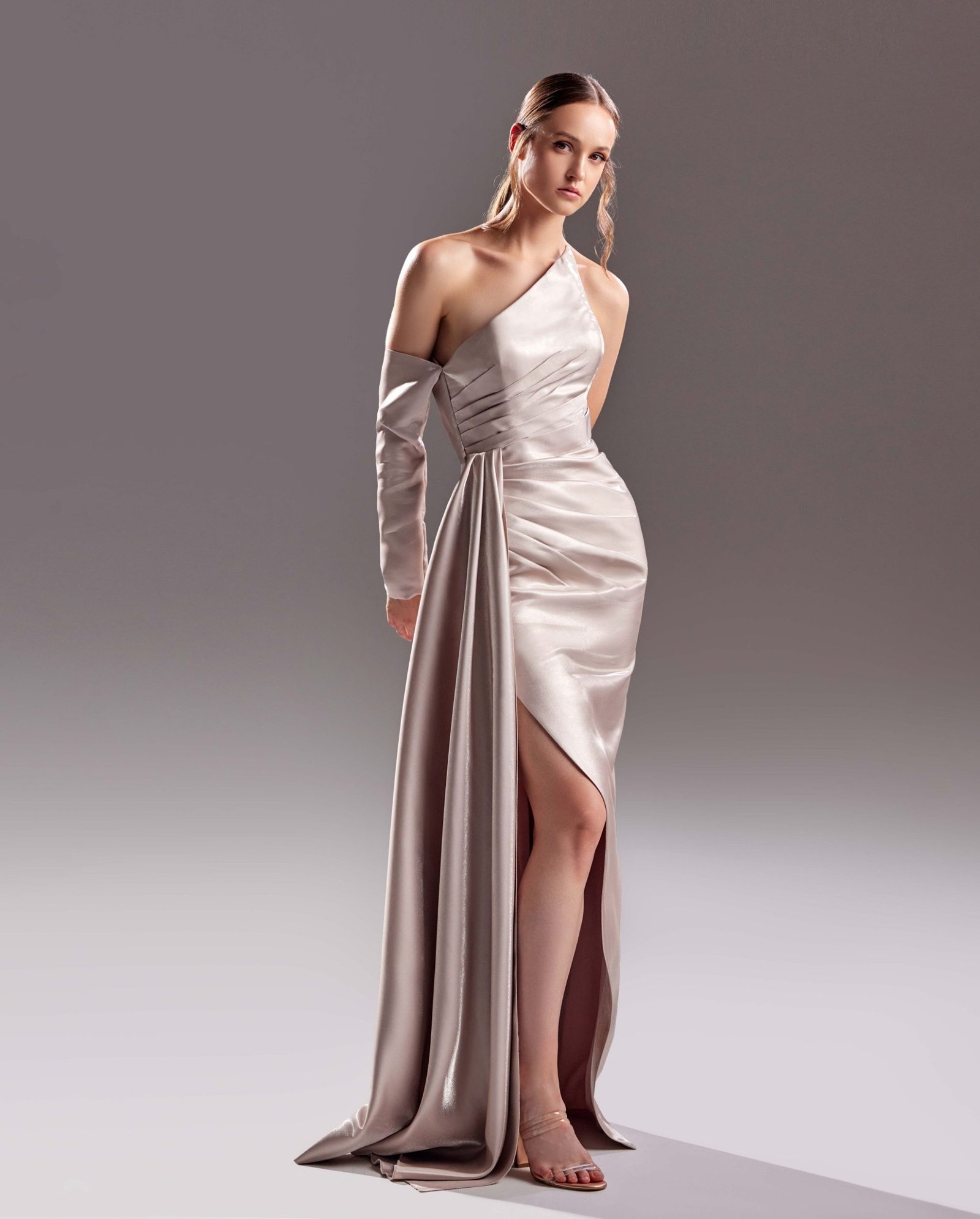 One Sleeve Gold Nude Dress