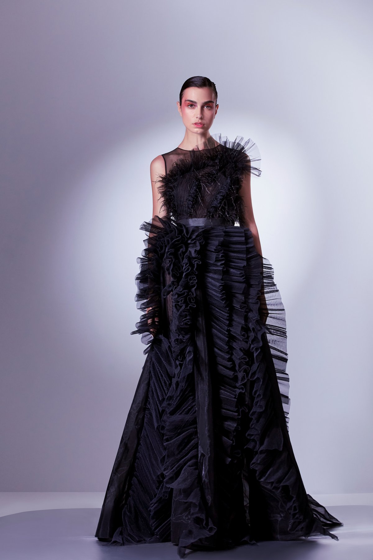 Pleated Tulle And Feathers Dress