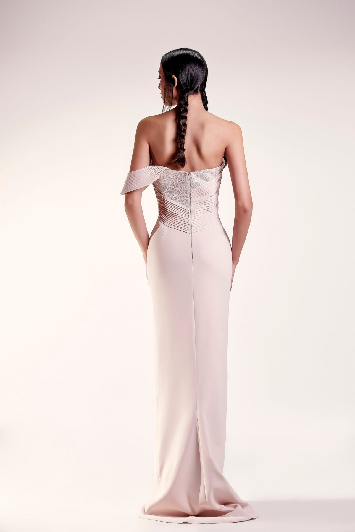 Ribbed Off The Shoulder Nude Dress