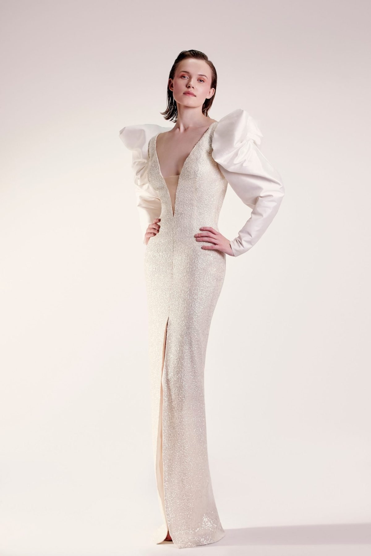 Exaggerated Sleeves Gold Dress