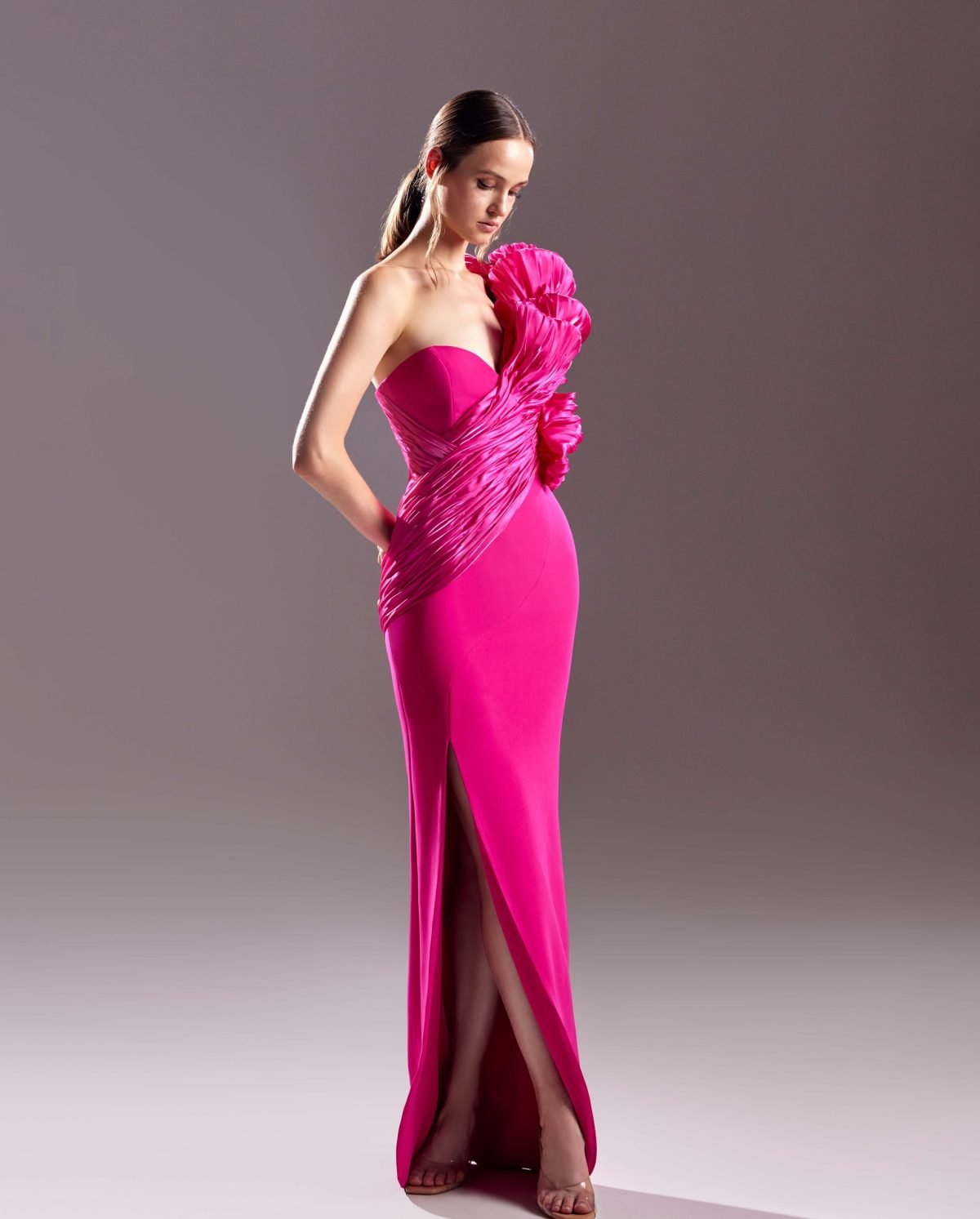 Blossoming Shoulder Crepe Fuscia Dress