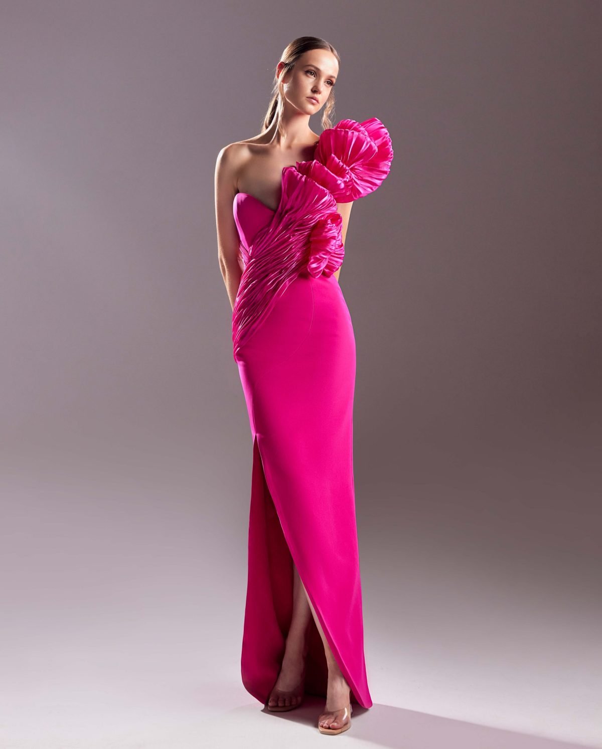 Blossoming Shoulder Crepe Fuscia Dress