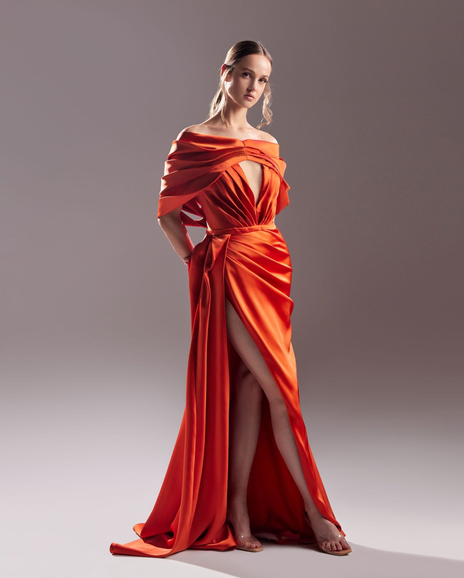 Plunge Neckline Burnt Orange Satin Dress