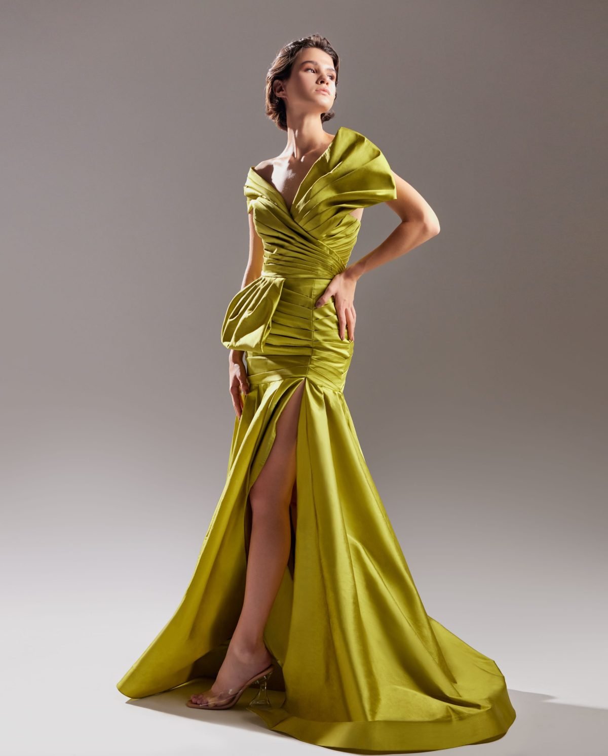Exaggerated Draped Lime Taffeta Dress