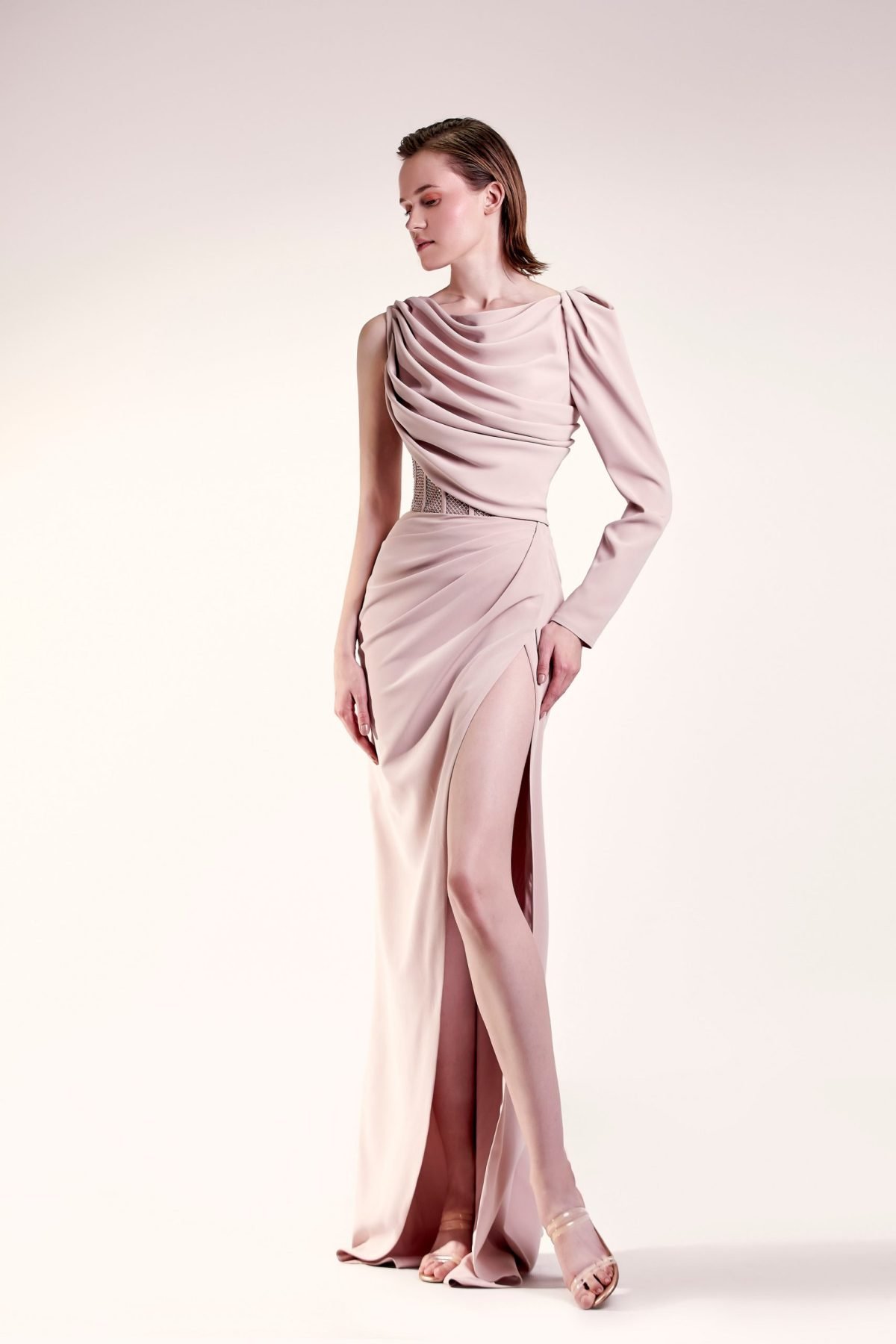 One Sleeve Draped Nude Dress