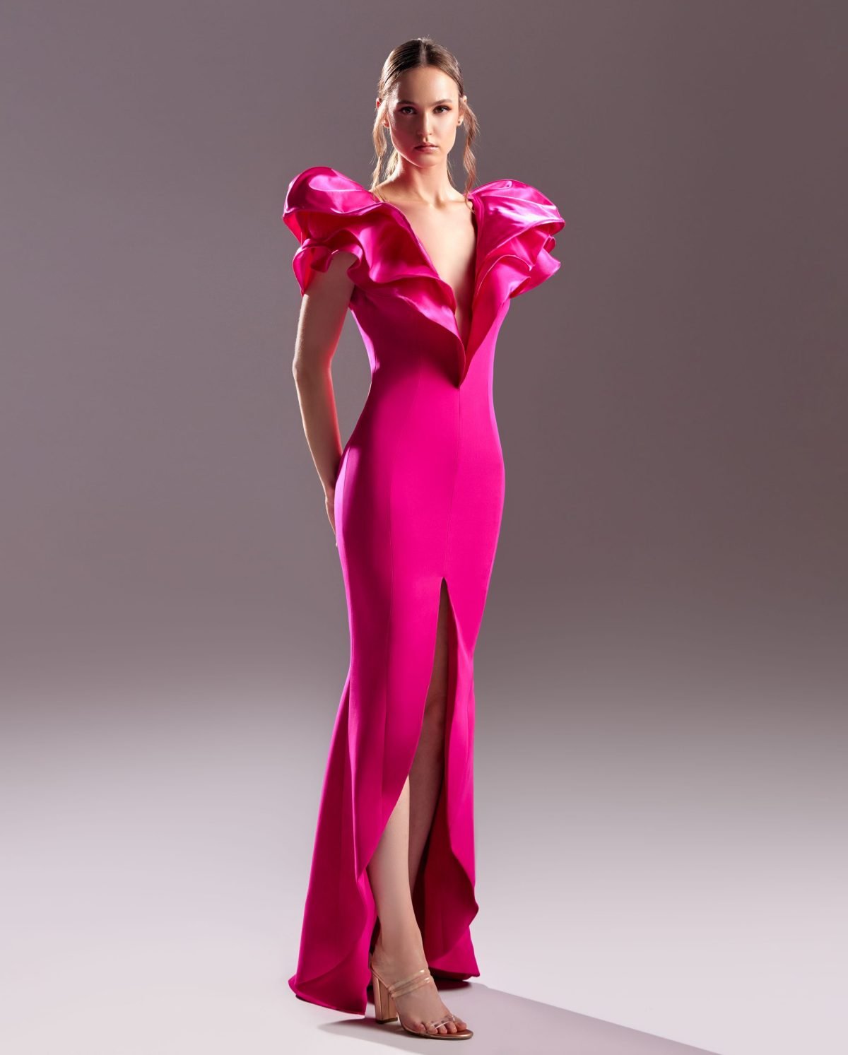 Blooming Shoulders Deep V Fuscia Dress