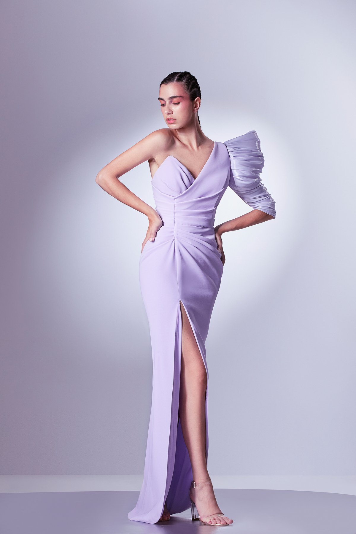 Lilac One Shoulder Crepe And Organdie Dress