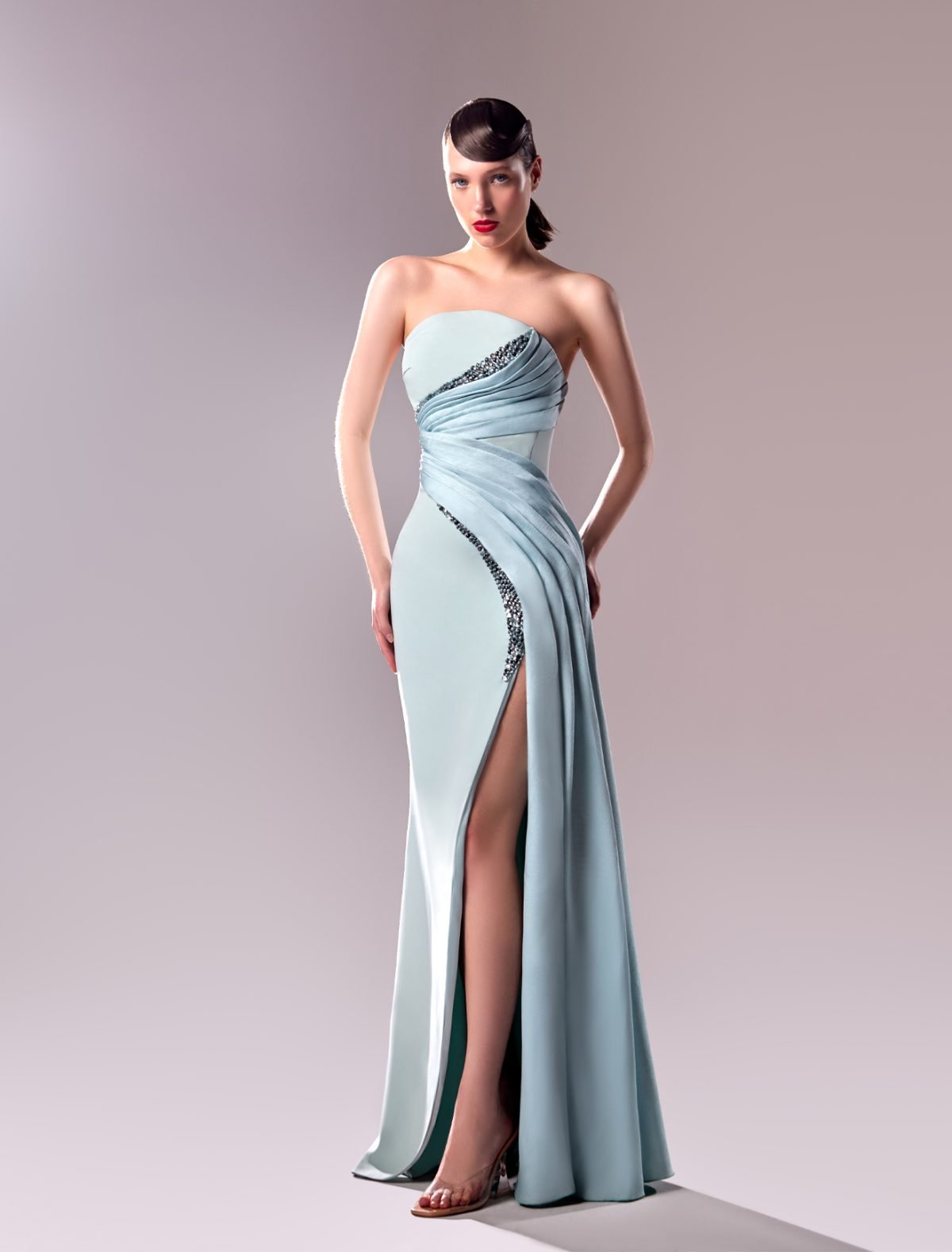 Exquisite Strapless Crystallised Blue Dress in Crepe and Piqué