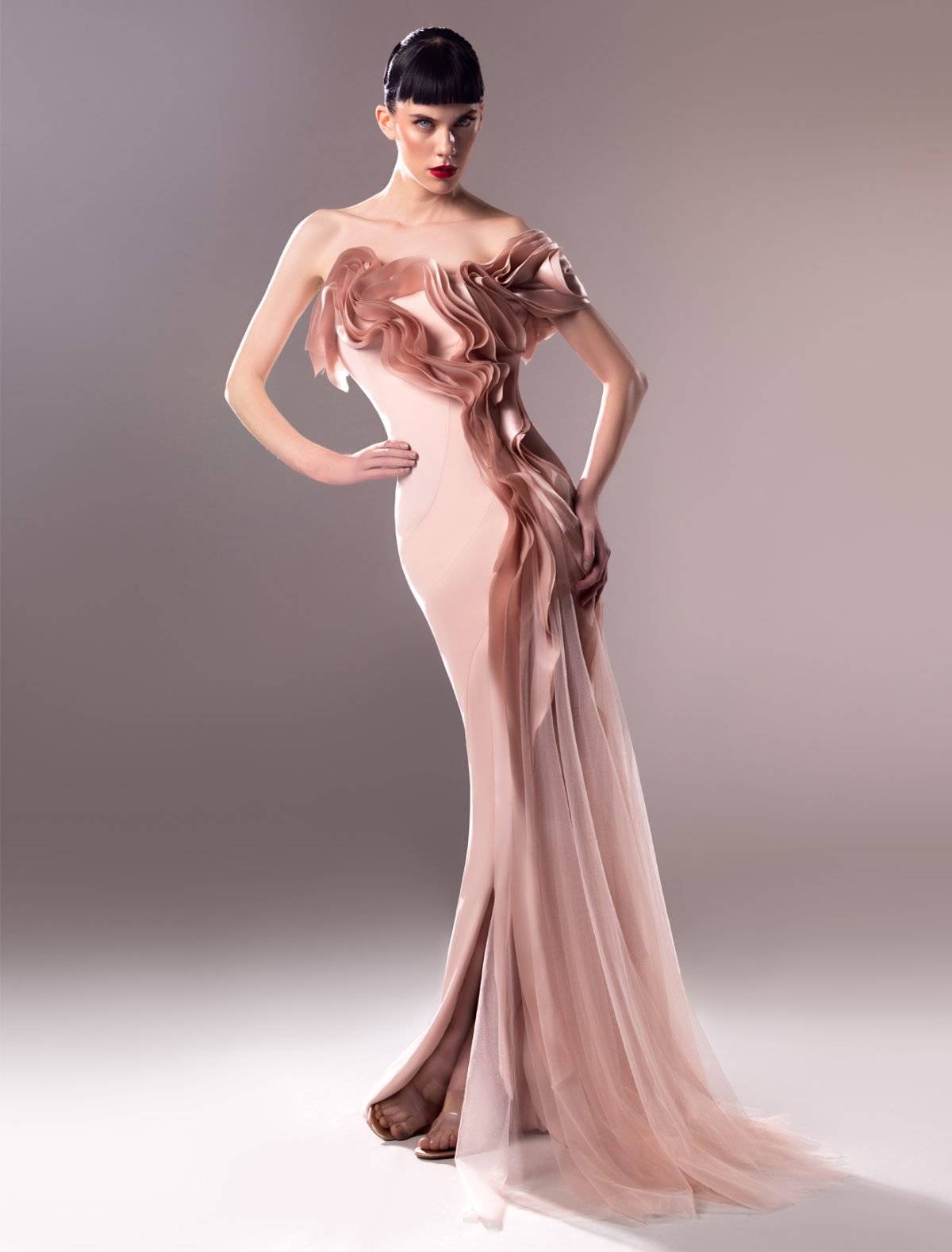 Powder Pink Gown With Organdie Inserts and Tulle Detailing