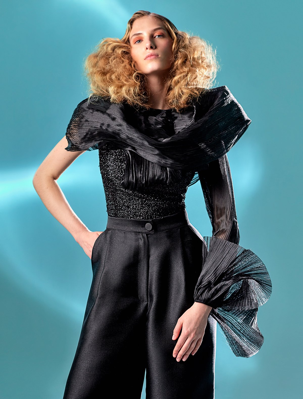 One Sleeve Shimmery Black Top