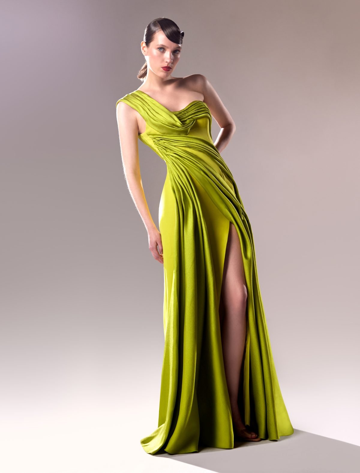 Opulent Lime One Shoulder Draped Dress with Piqué Mikado & Crepe