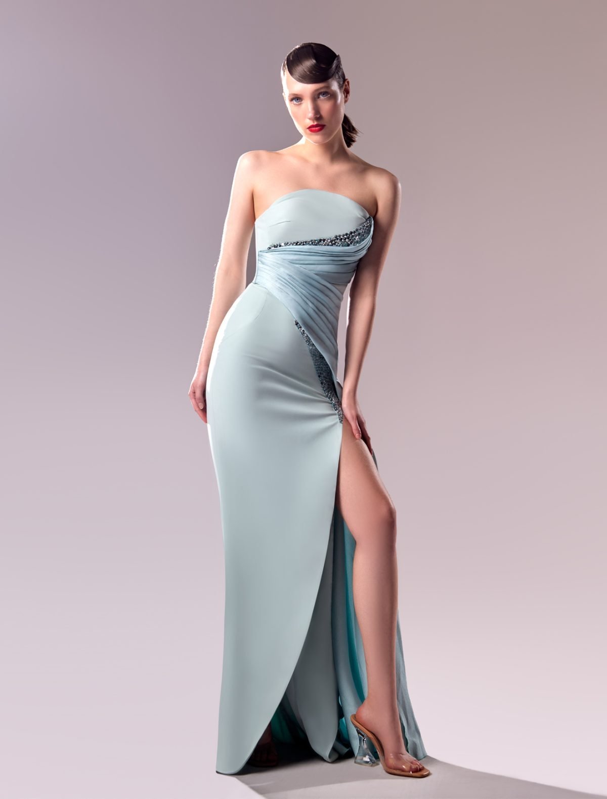 Exquisite Strapless Crystallised Blue Dress in Crepe and Piqué
