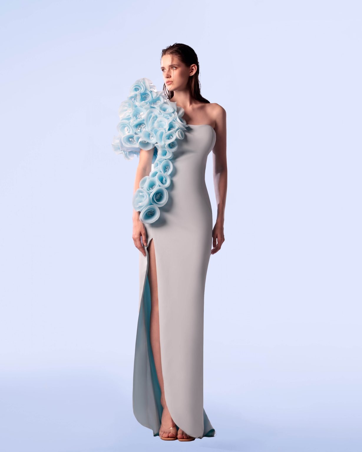 Three Dimentional Embellished Shoulder Blue Dress