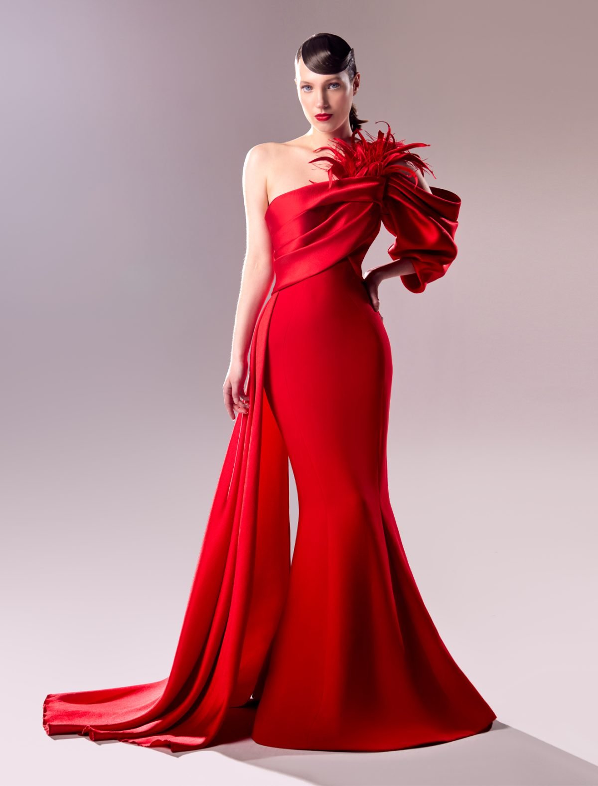 One-sleeve Draped Mermaid Long Dress with Feather Accents