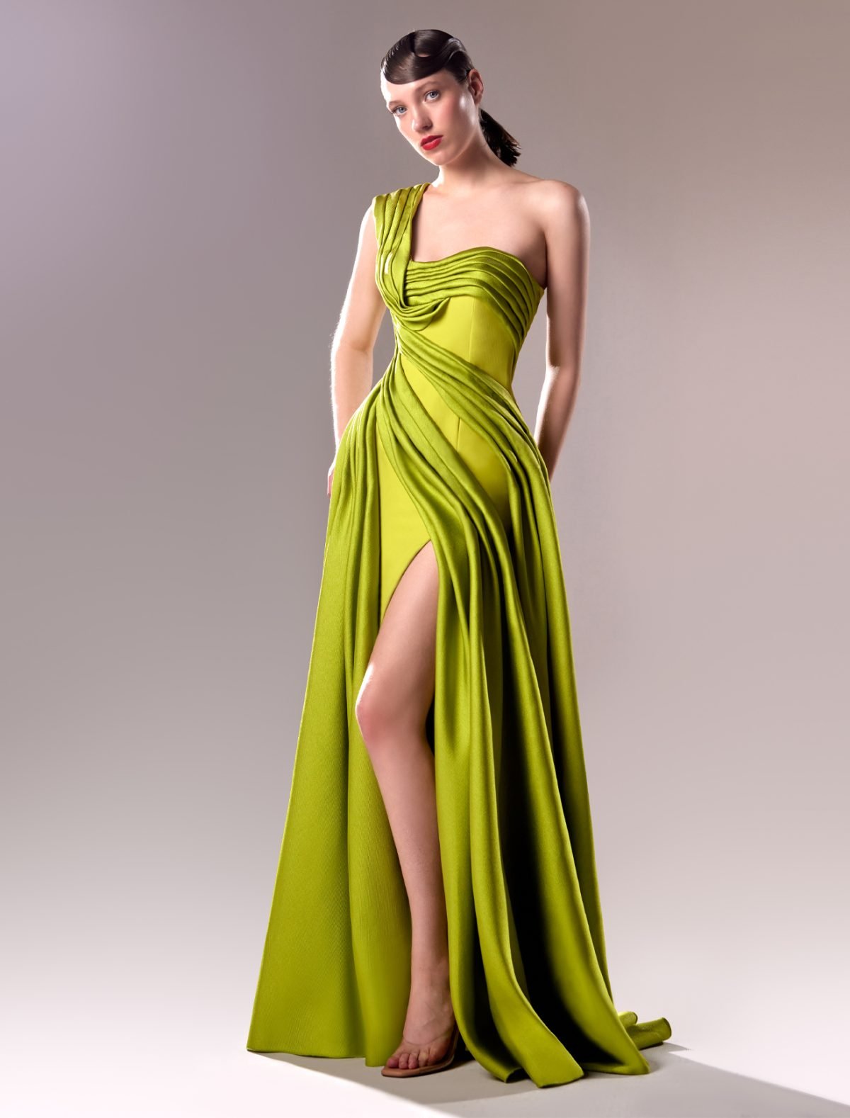 Opulent Lime One Shoulder Draped Dress with Piqué Mikado & Crepe
