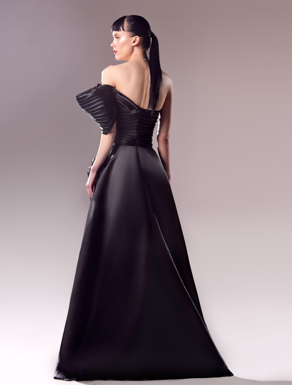 Off-the-Shoulder Organdie Ribbed Evening Dress
