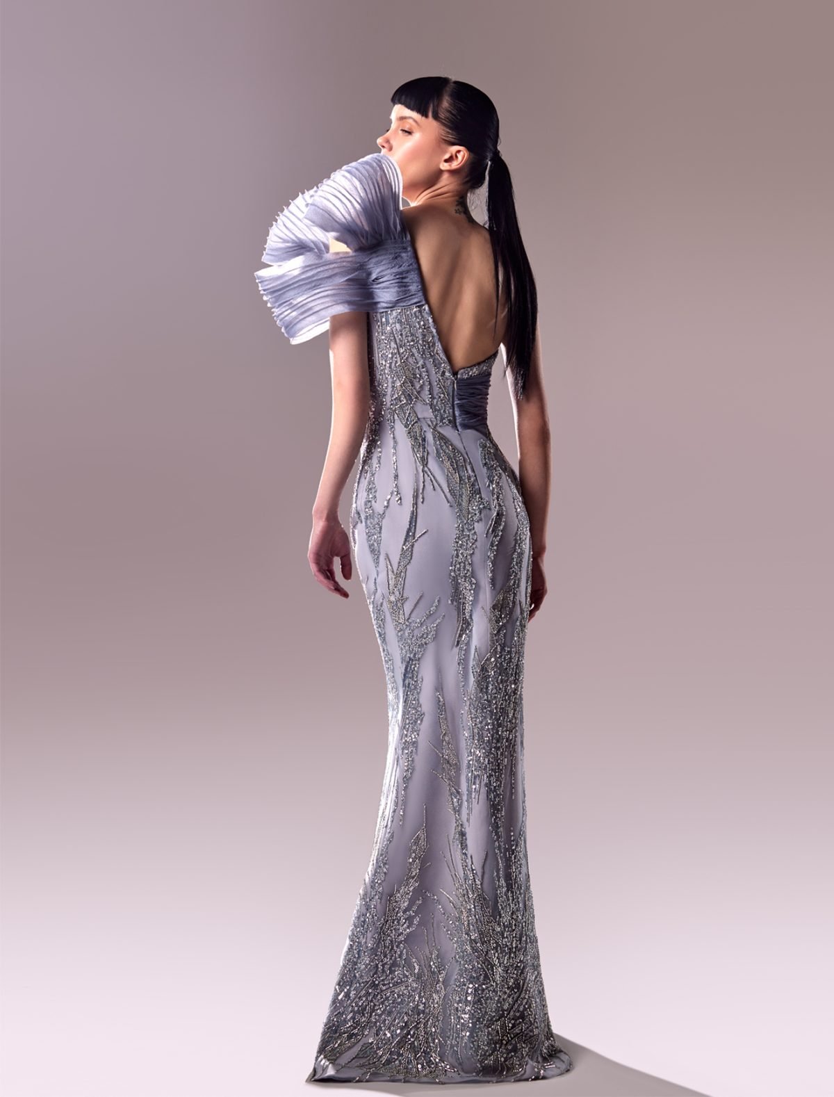 One Shoulder Lace and Organza Silver Evening Dress