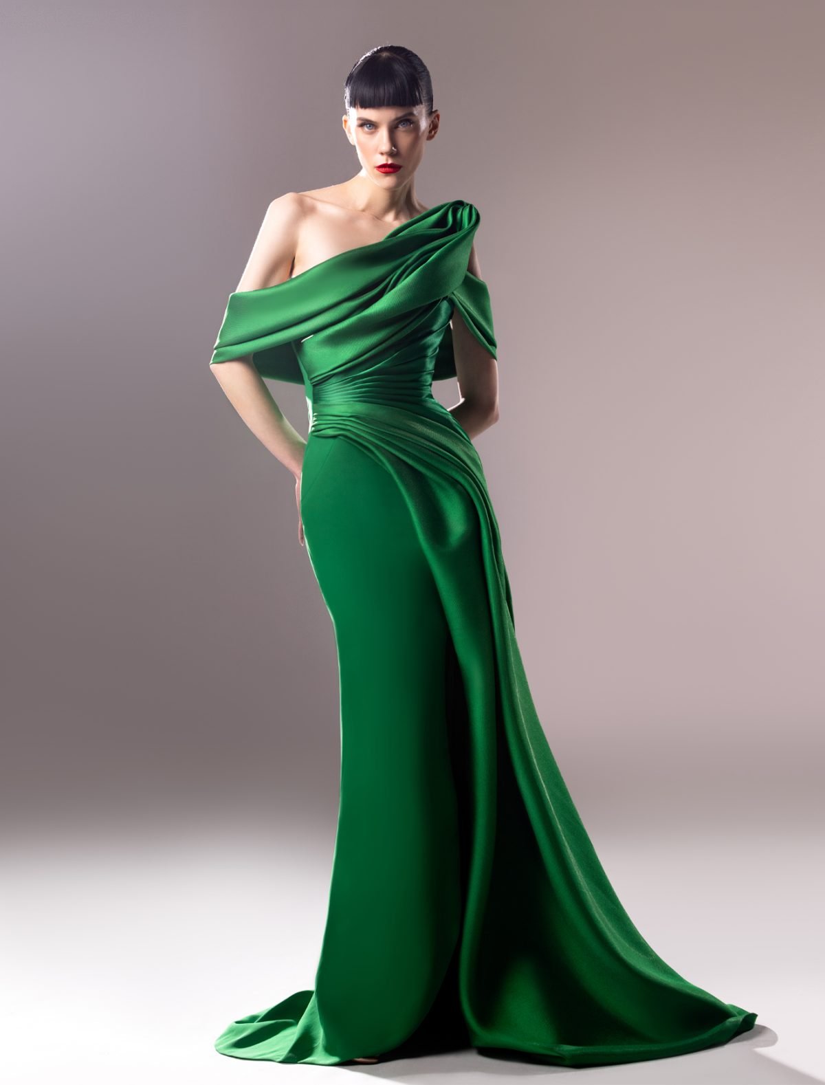 Emerald Green Off-Shoulder Draped Evening Dress