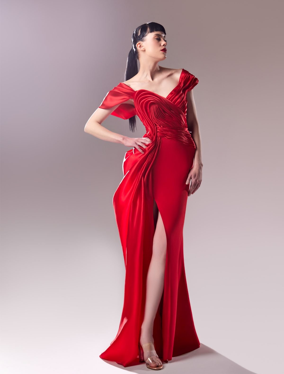 Off the Shoulder Organza Draped Crepe Dress: Classic Elegance Meets Modern Allure