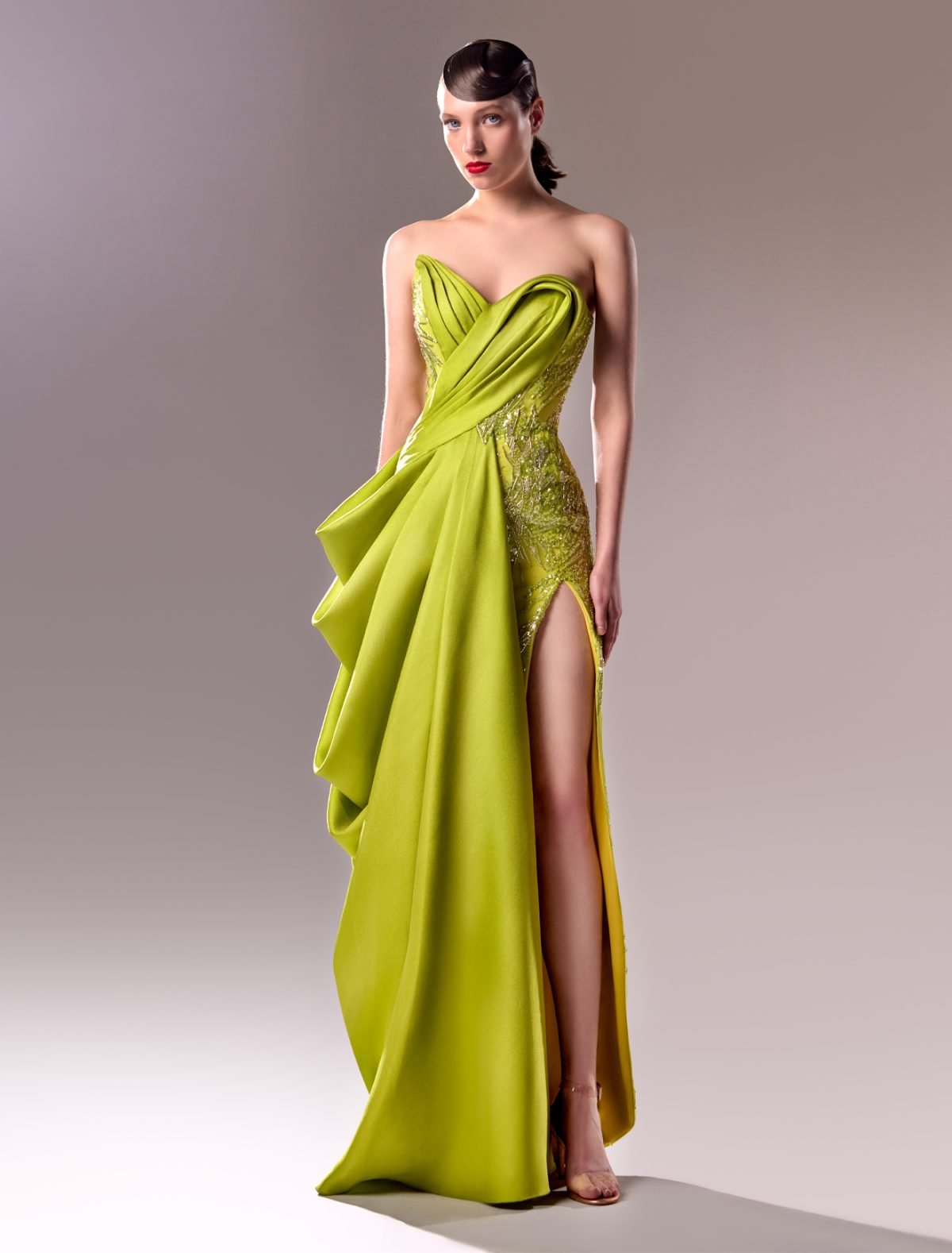 Strapless Draped Piqué and Lace Lime Dress : A Radiant Enchantress