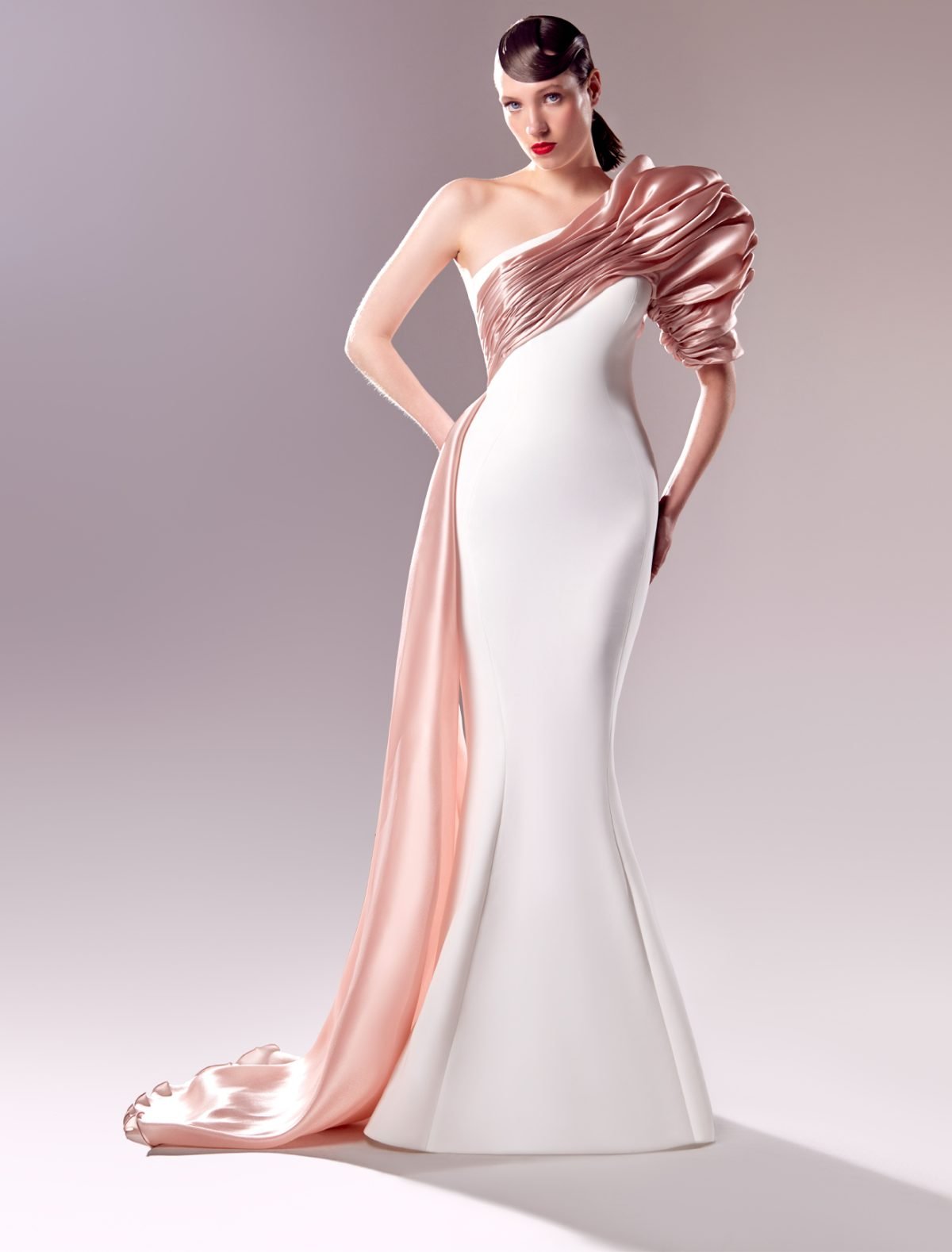 White Mermaid Dress with One-Shoulder Organdie Draping