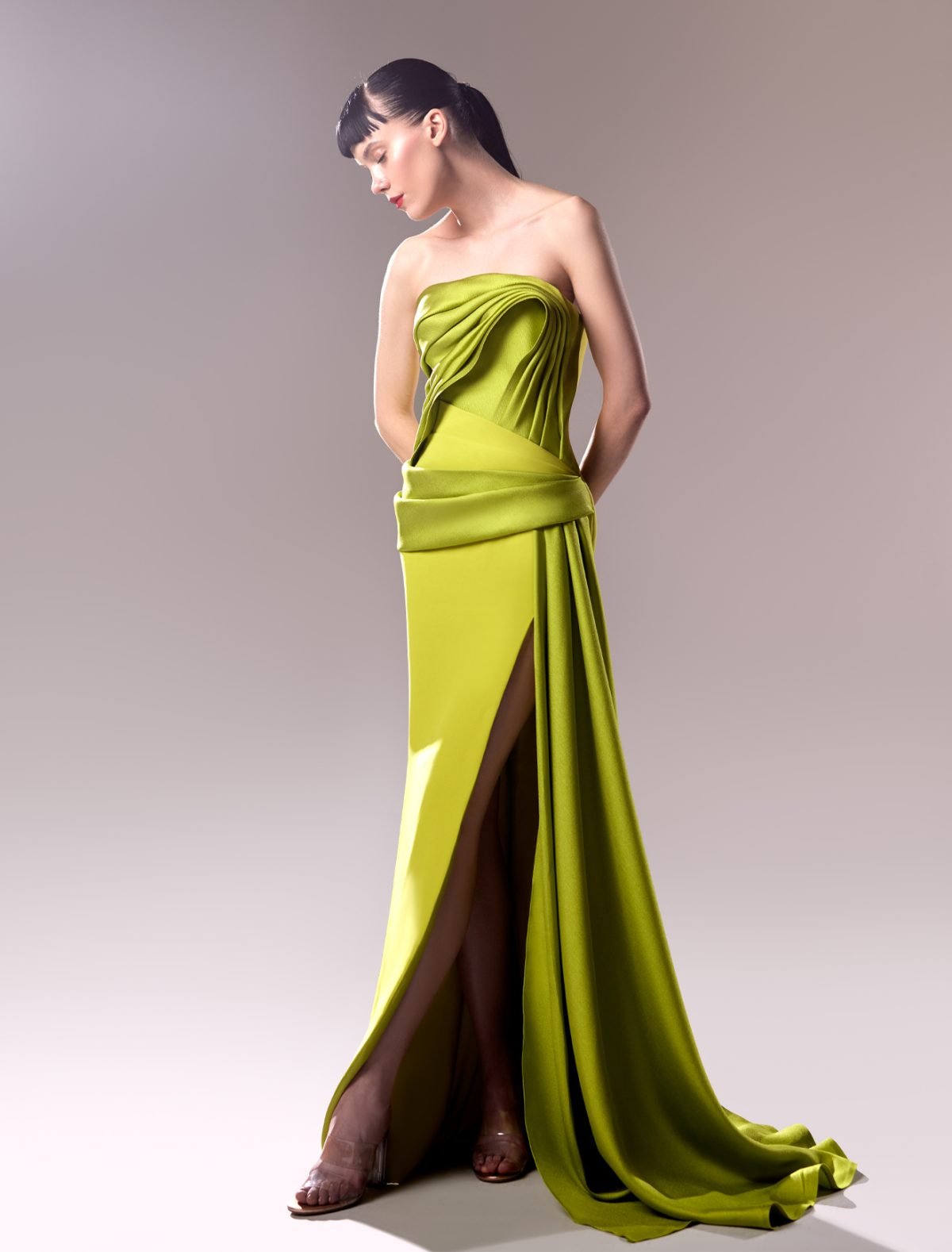 Strapless Lime Dress with Piqué Draping - An Epitome of Elegance
