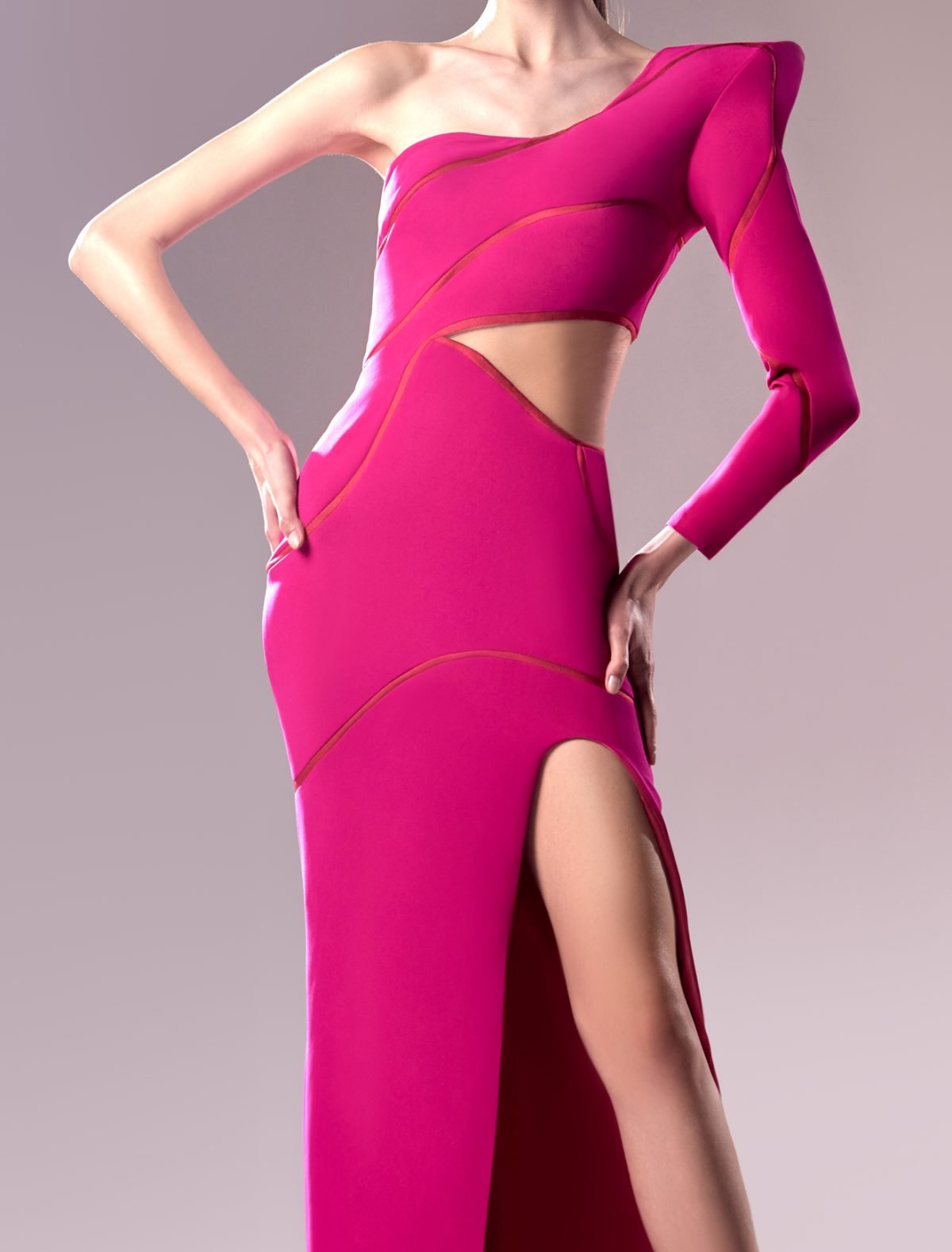 One Sleeve Fuscia Crepe Dress with Daring Waist Cutout