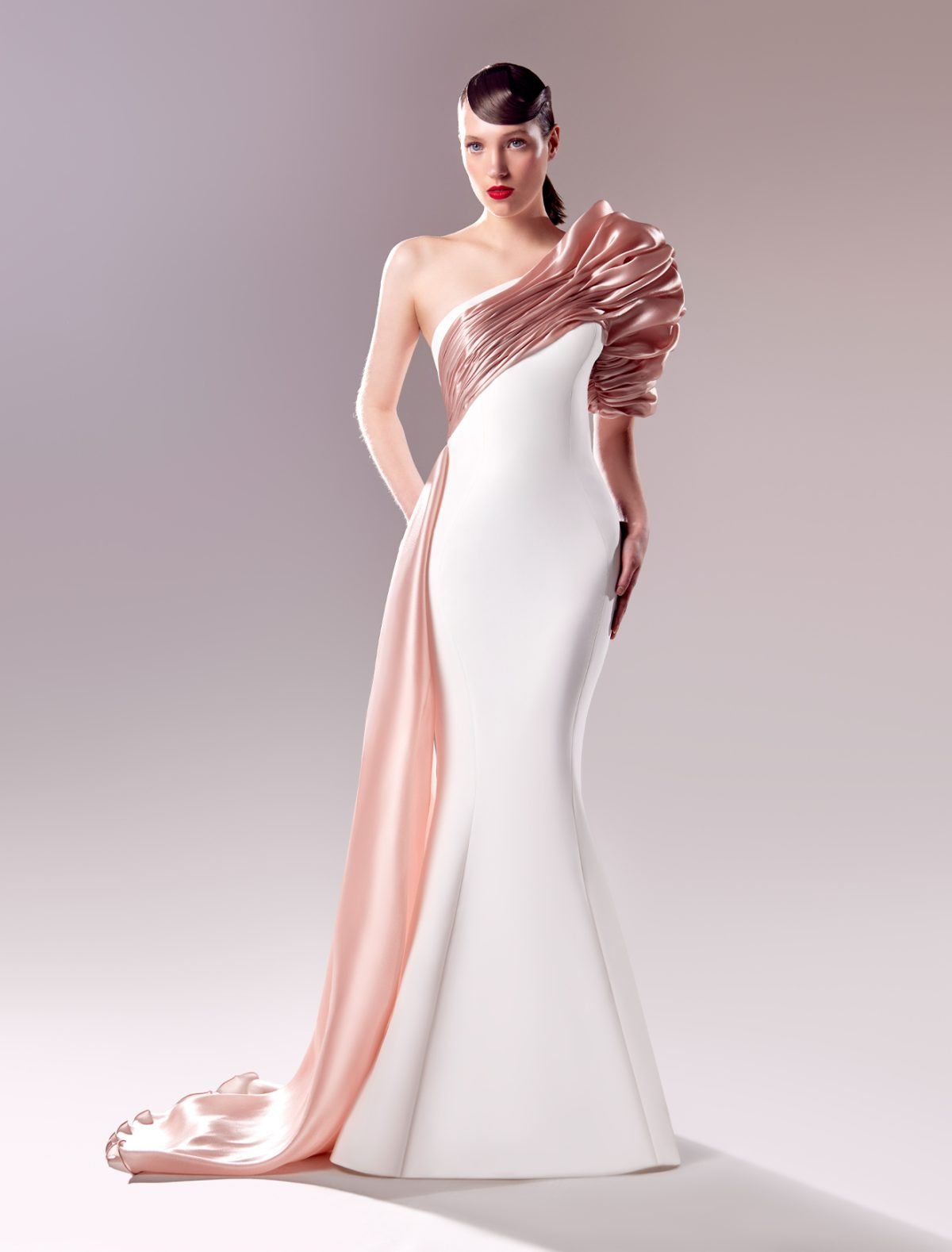 White Mermaid Dress with One-Shoulder Organdie Draping