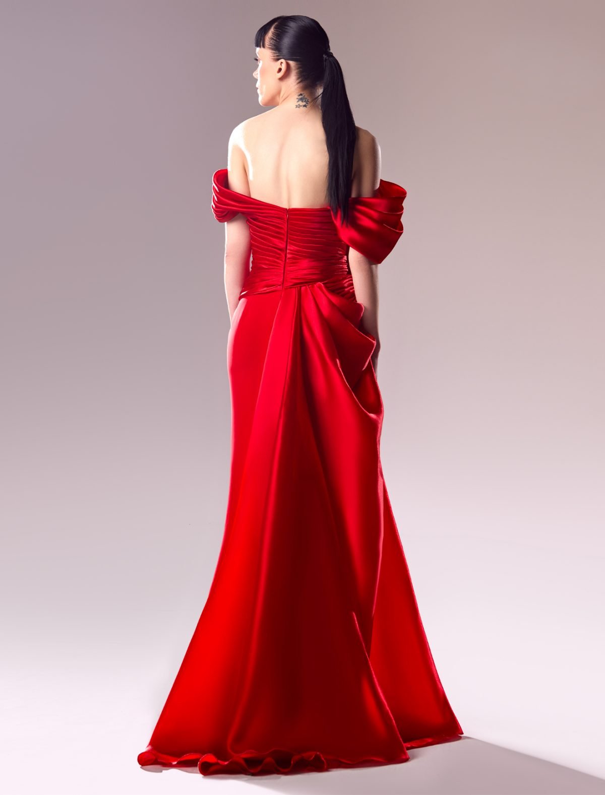 Off the Shoulder Organza Draped Crepe Dress: Classic Elegance Meets Modern Allure