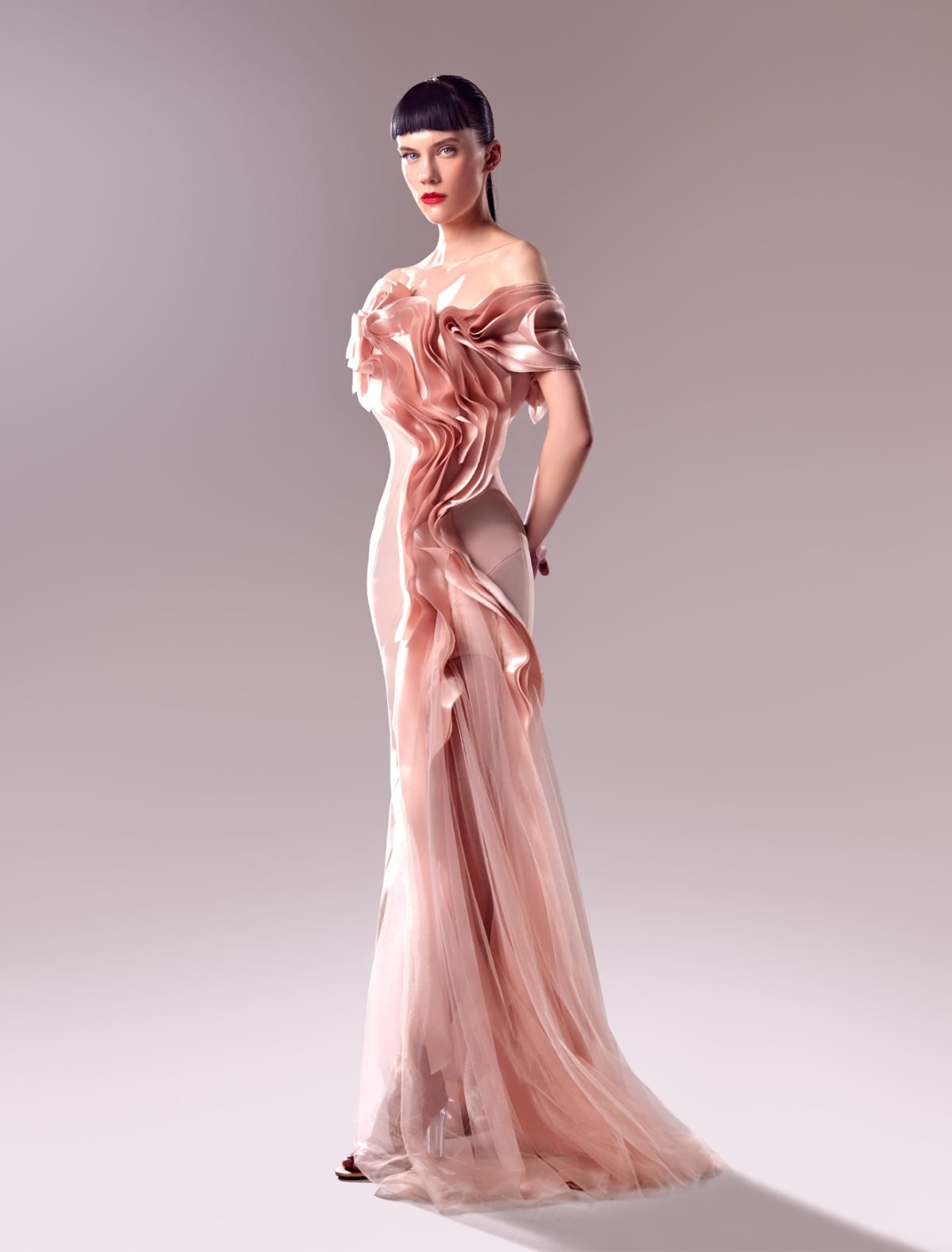 Powder Pink Gown With Organdie Inserts and Tulle Detailing