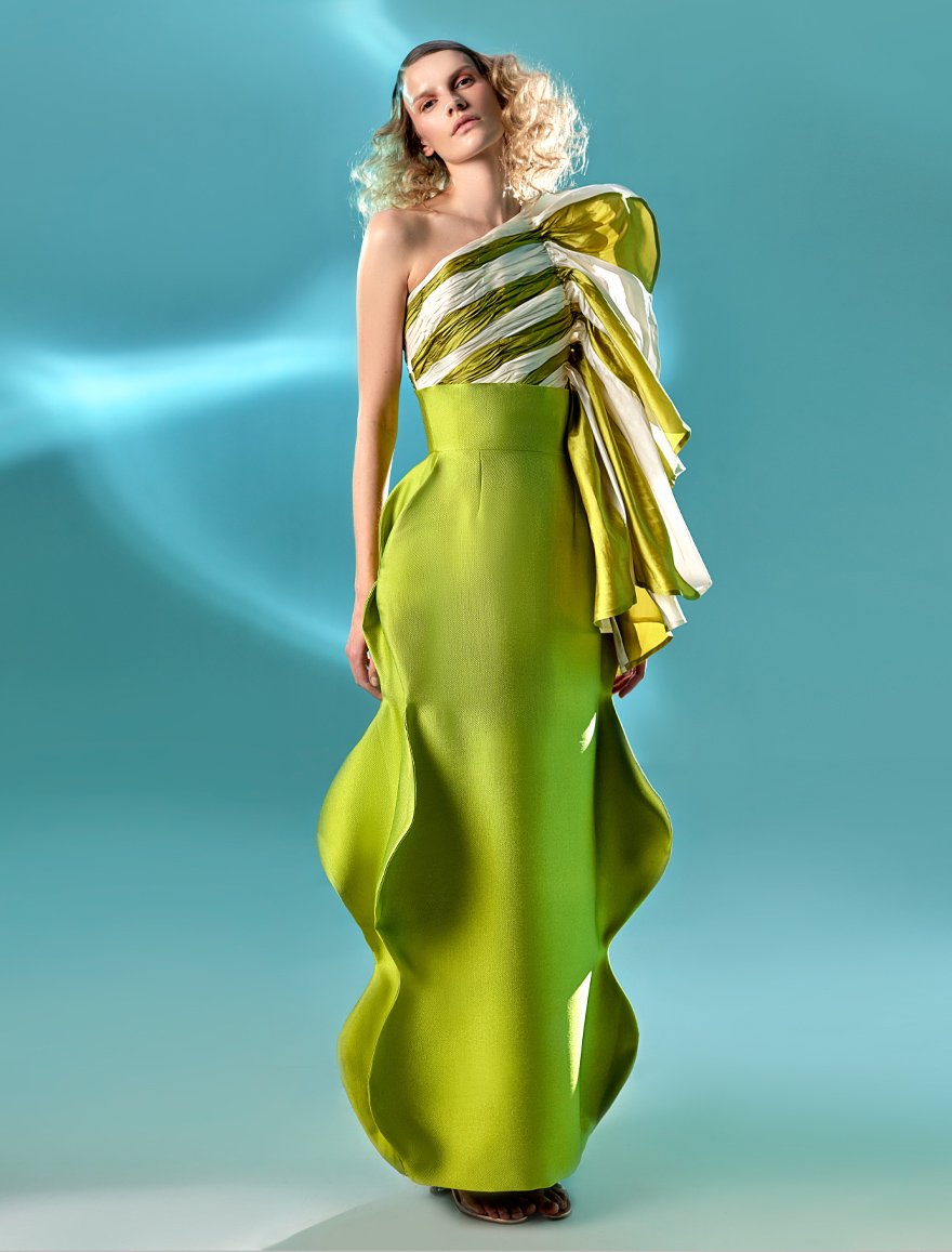Diagonal Draped Lime and White Top