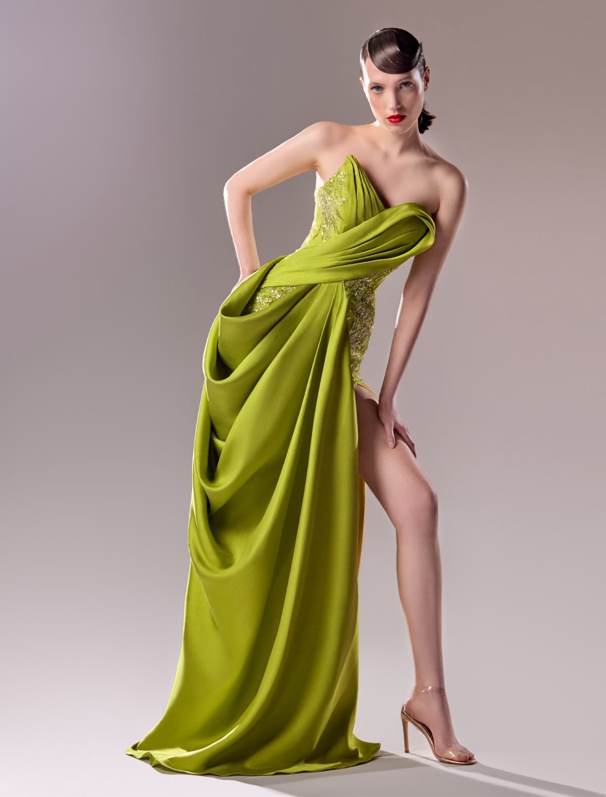 Strapless Draped Piqué and Lace Lime Dress : A Radiant Enchantress