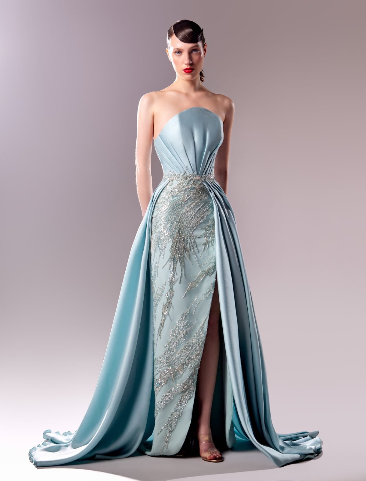 Strapless Piqué and Lace Ice Blue Evening Dress