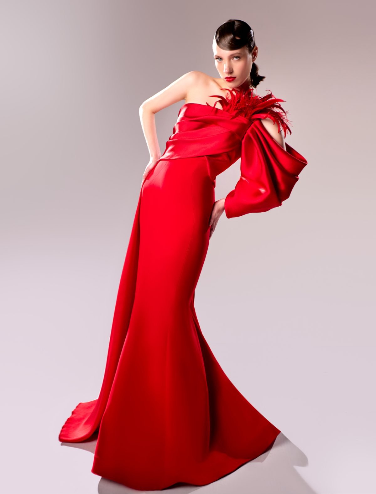 One-sleeve Draped Mermaid Long Dress with Feather Accents