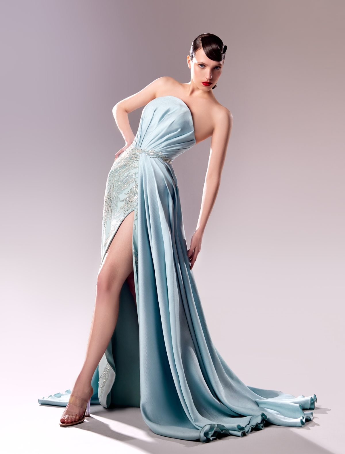 Strapless Piqué and Lace Ice Blue Evening Dress