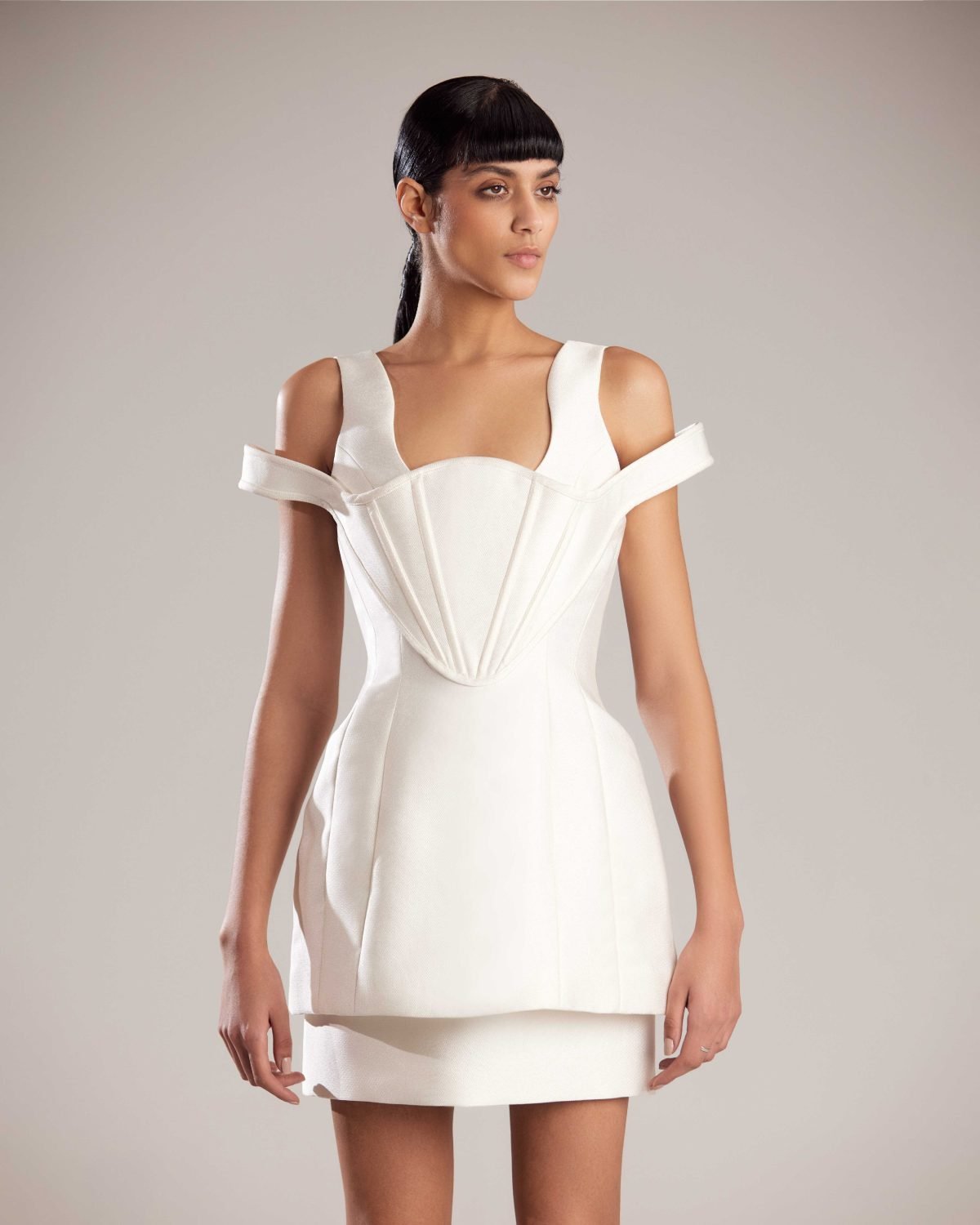 Elegant White Off-Shoulder Dress with Structured Bodice