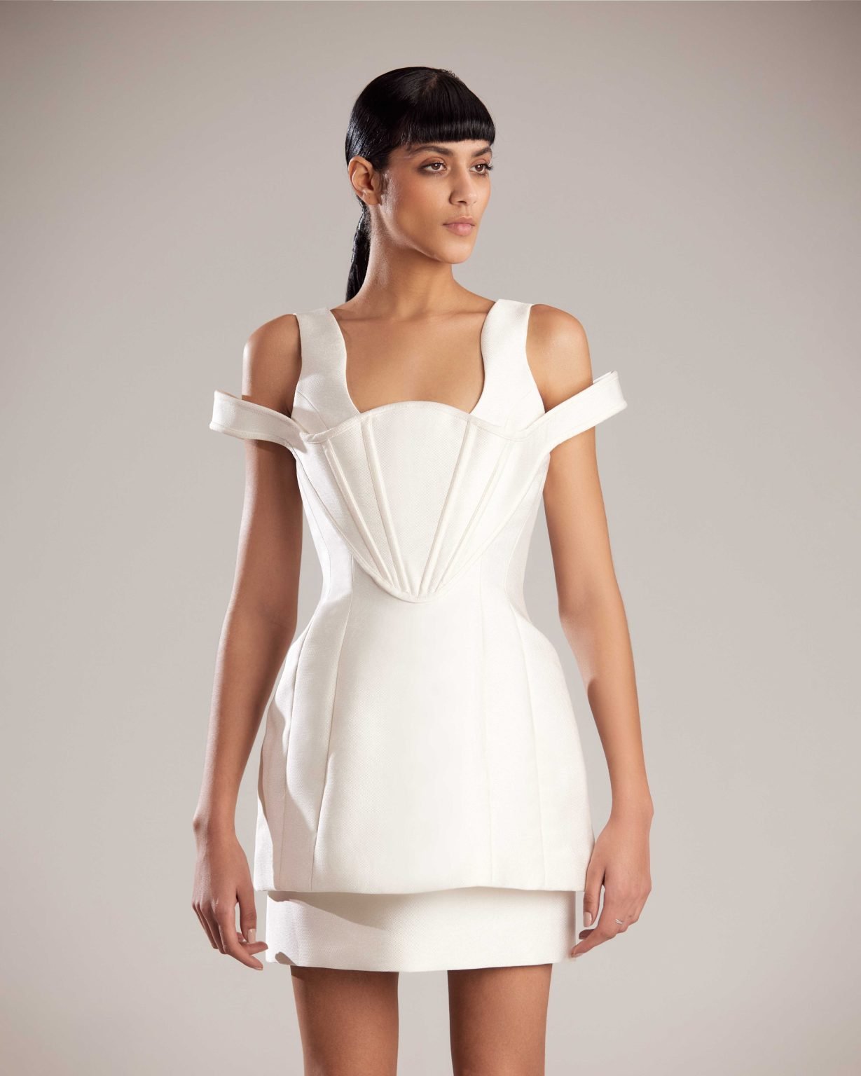 Elegant White Off-Shoulder Dress with Structured Bodice