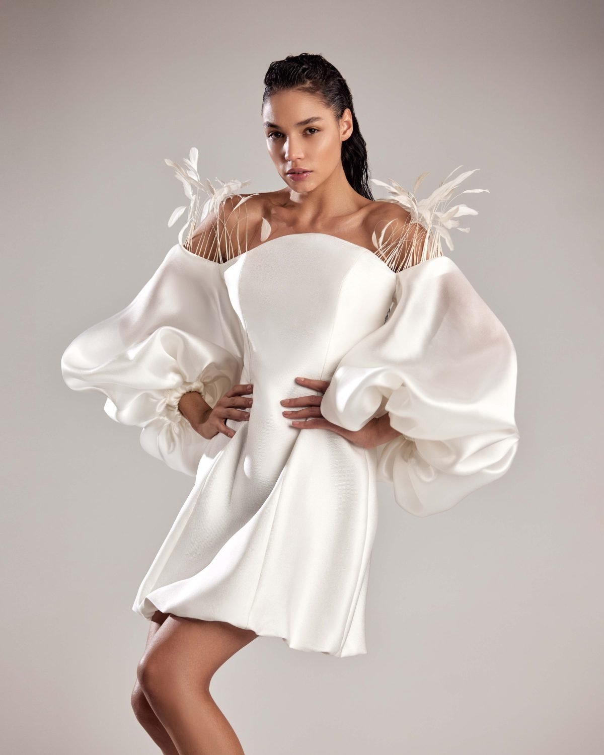Elegant White Mikado Piqué Dress with Feathered Organza Sleeves