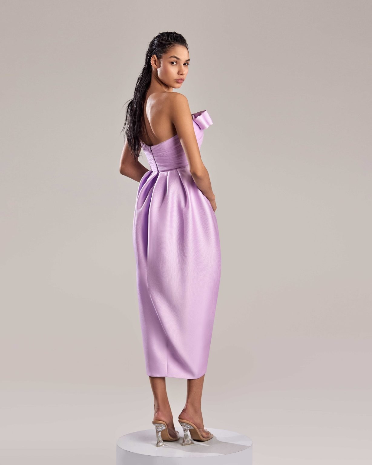 Lilac Strapless Dress with Bow Detail and Draped Skirt