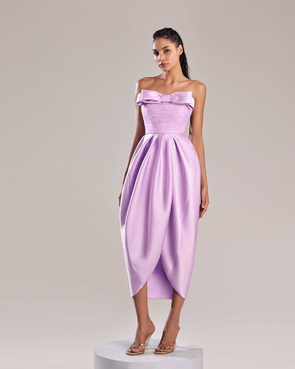 Lilac Strapless Dress with Bow Detail and Draped Skirt