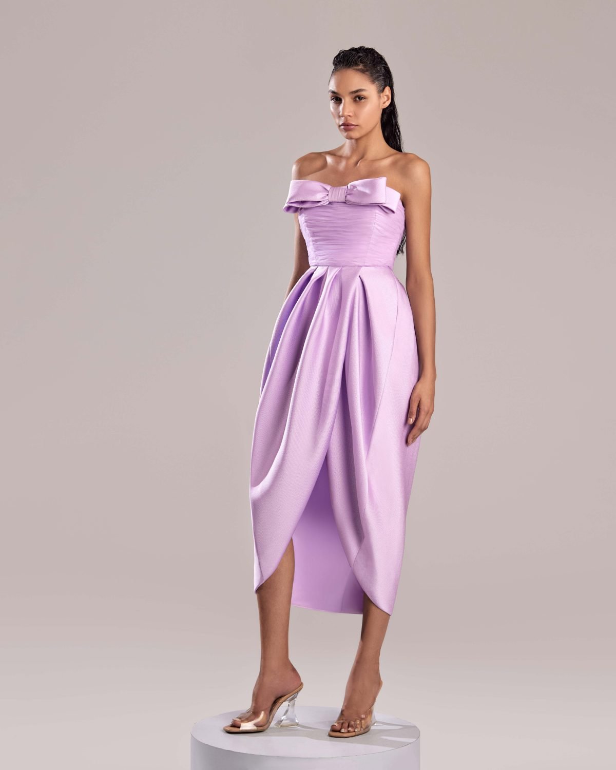Lilac Strapless Dress with Bow Detail and Draped Skirt